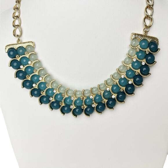Talbots Beaded Bib Necklace Blue Green Clear Rhinestone Accents Gold Tone Chain - Picture 3 of 13